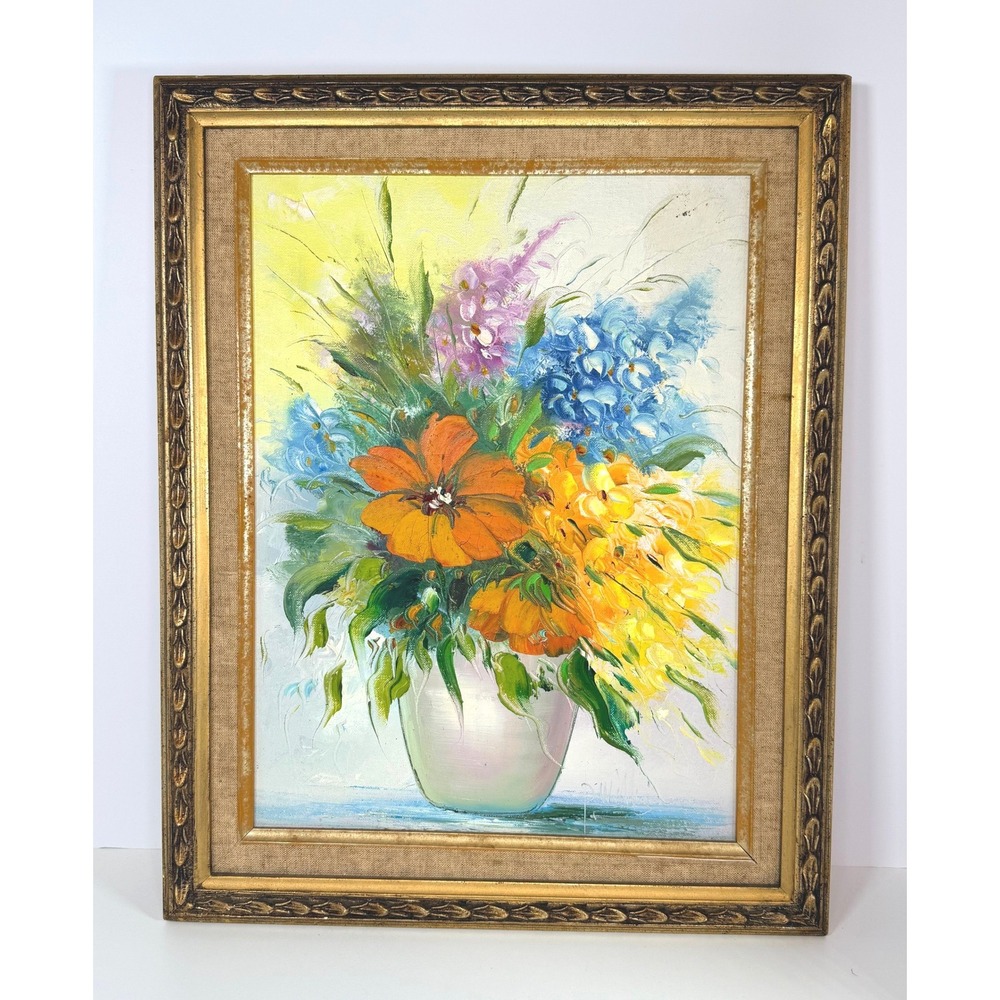 Vintage Floral Oil Painting Textured Impasto Framed Art Signed D‎ W Miller